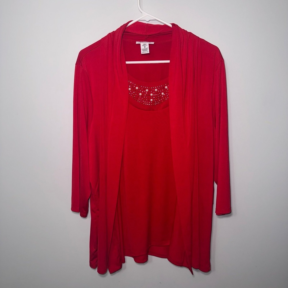 Serengeti Red Shirt w/ Built In 3/4 Sleeve‎ Cardigan & Bedazzled Neckline - 1X